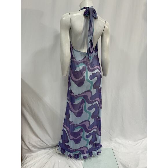Adriana Degreas Wave Halterneck 'Frilled' Purple Polyester Long Dress Size S - Picture 3 of 5